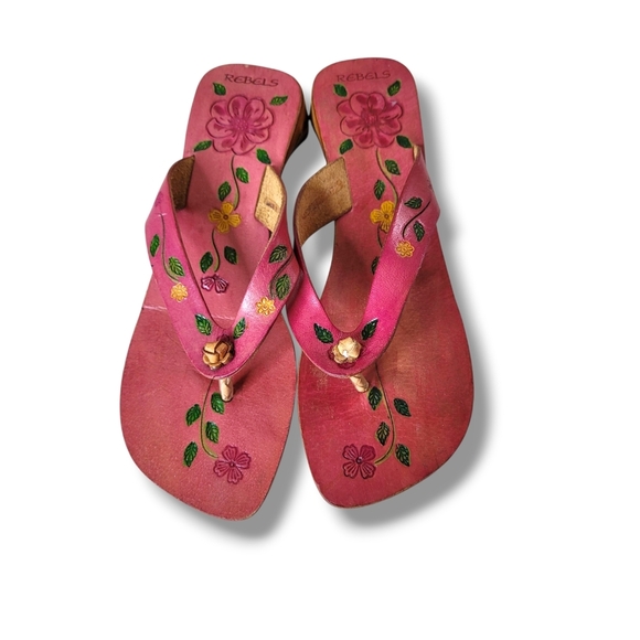 Rebels Hand Painted Leather Sandals 9 Boho Floral Soft Square Toe Thailand - Picture 1 of 8